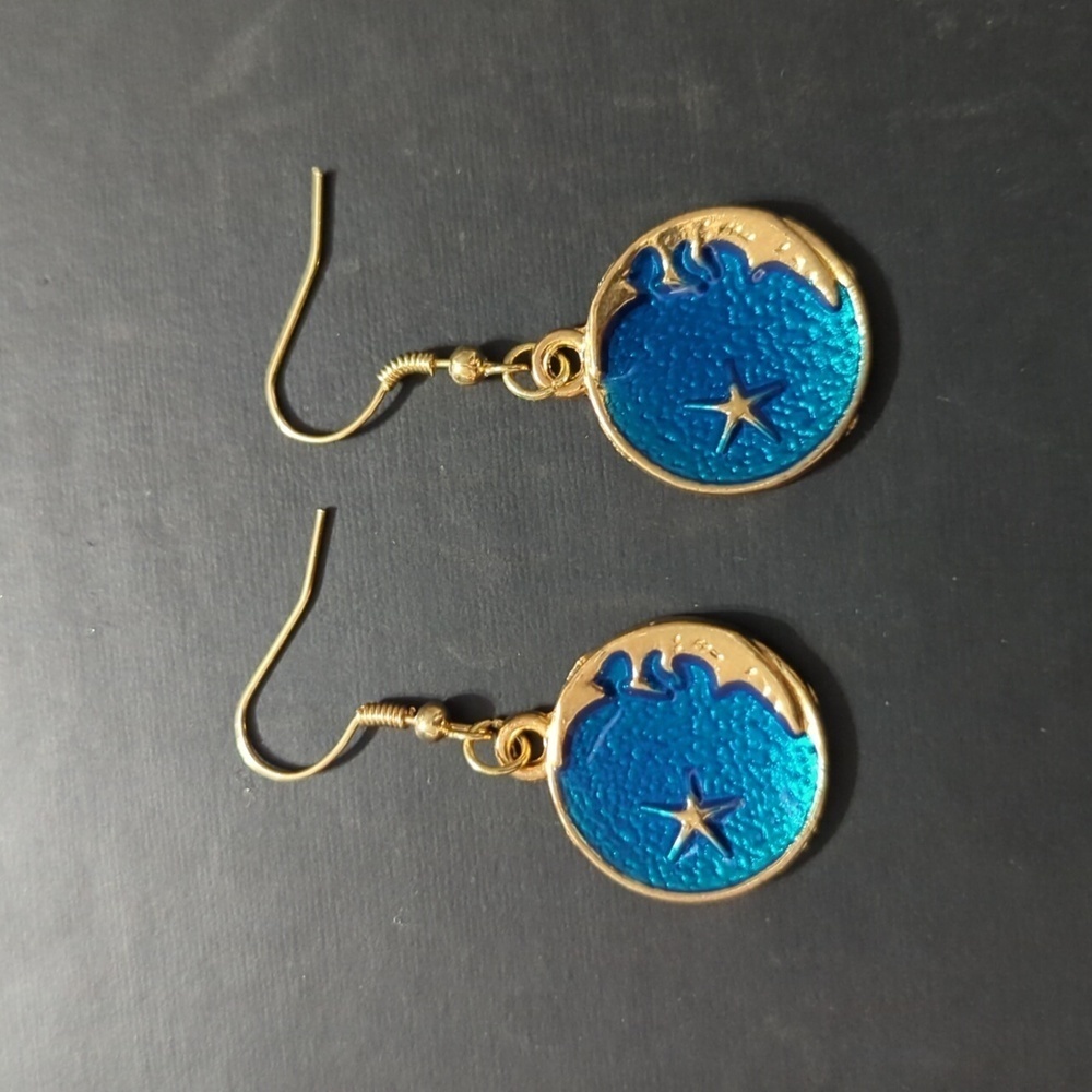 Gold Tone Blue Enamel Crescent Moon Dangle Drop Statement Earrings